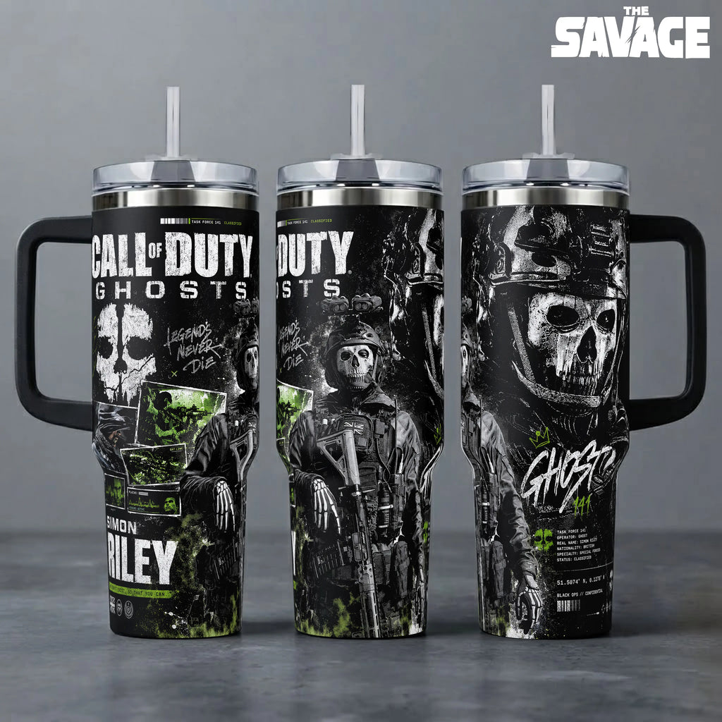 Call of Duty Ghost Simon Riley Stainless Steel Insulated Tumbler - 40Oz Handle Cup, 20Oz Coffee Travel Mug with Silicone Lid, Printed Task Force 141 Graphics, Gaming Gift for Fans, Insulation
