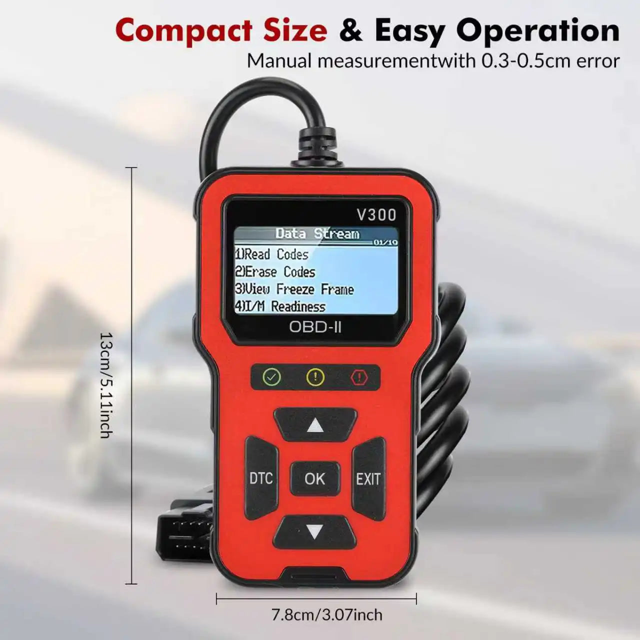 OBD V300, an automotive diagnostic tool with a color screen, fault code reader, engine warning light detector, and OBD2 scanner