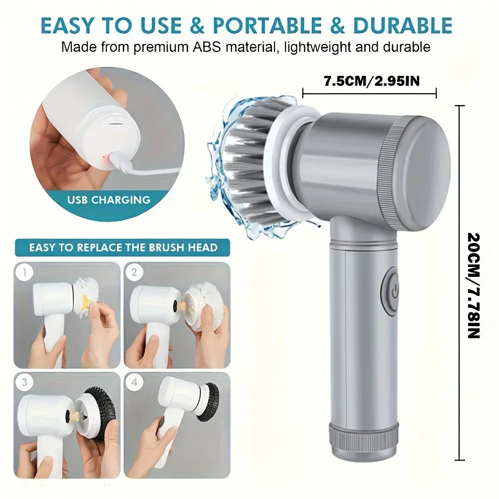 Cordless Electric Spin Scrubber for Bathroom & Kitchen - Power Cleaning Brush with 5 Replaceable Brush Heads
