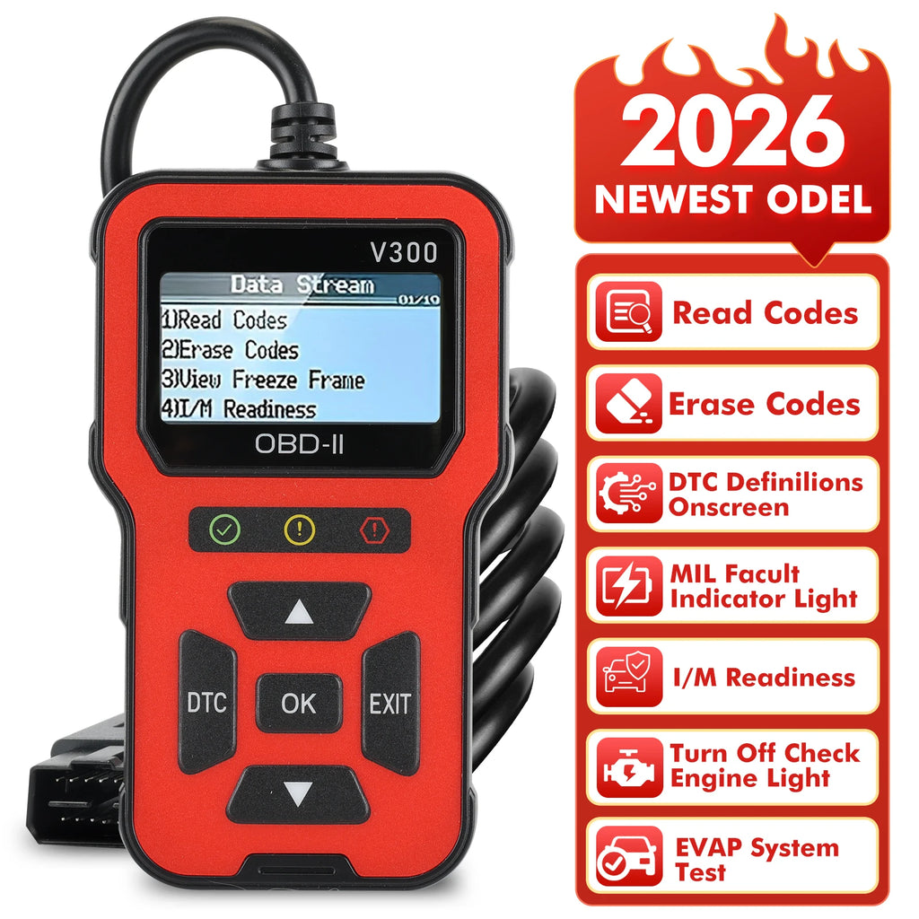 OBD V300, an automotive diagnostic tool with a color screen, fault code reader, engine warning light detector, and OBD2 scanner