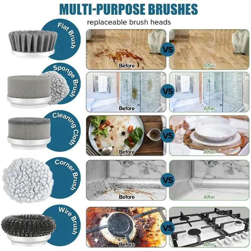 Cordless Electric Spin Scrubber for Bathroom & Kitchen - Power Cleaning Brush with 5 Replaceable Brush Heads