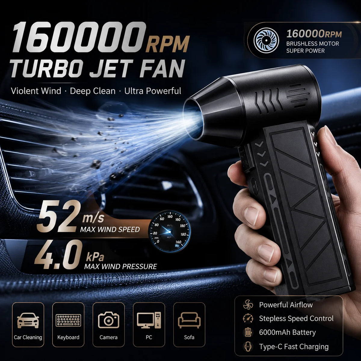 160000 RPM Turbo Air Duster - Powerful Cordless Electric Blower & Cleaning Tool