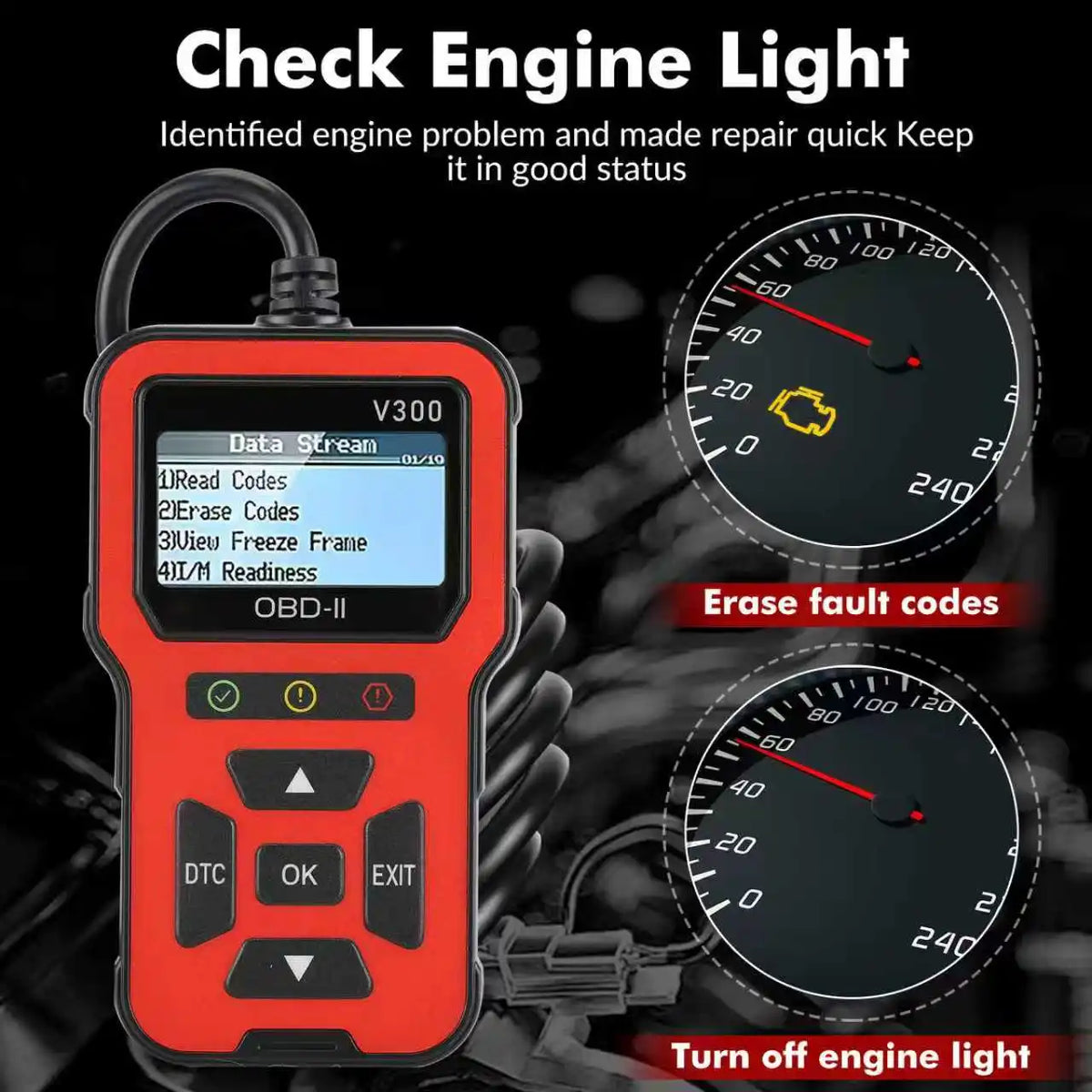 OBD V300, an automotive diagnostic tool with a color screen, fault code reader, engine warning light detector, and OBD2 scanner