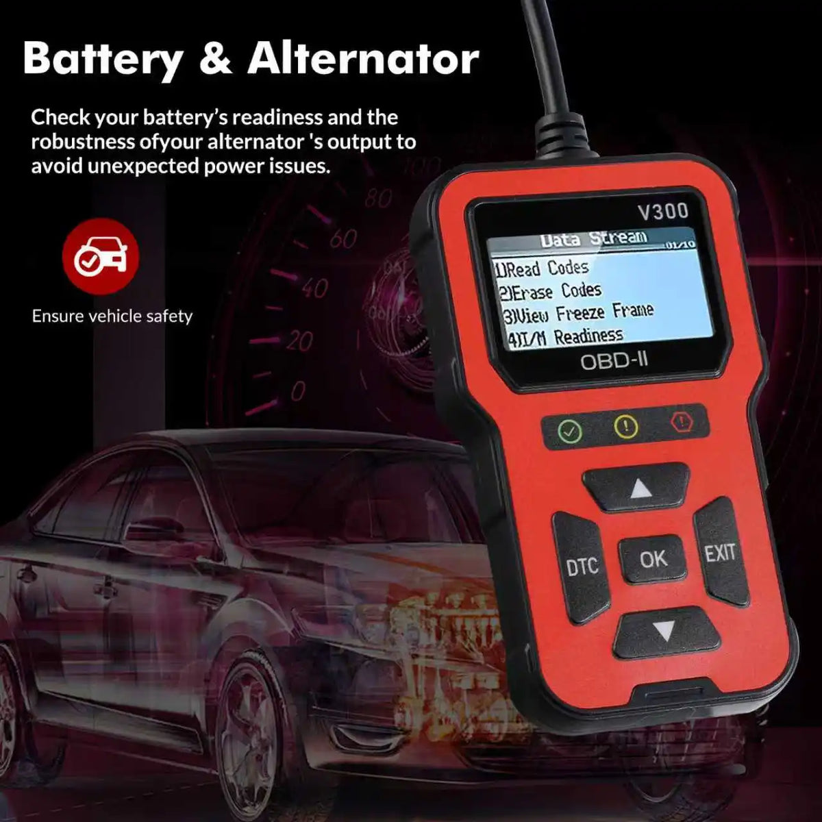 OBD V300, an automotive diagnostic tool with a color screen, fault code reader, engine warning light detector, and OBD2 scanner