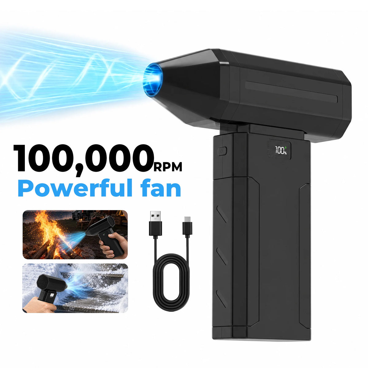 Compressed Air Duster, Mini Turbine Fan, Violent Fan, Jet Dry Blower, Turbo Fan, Air Blower, 100000RPM Cordless Turbo Fan, 5+1 Speeds with LED Display & Type-C Charging, Violent Fan for Keyboard Car Camping Snow Clearing.