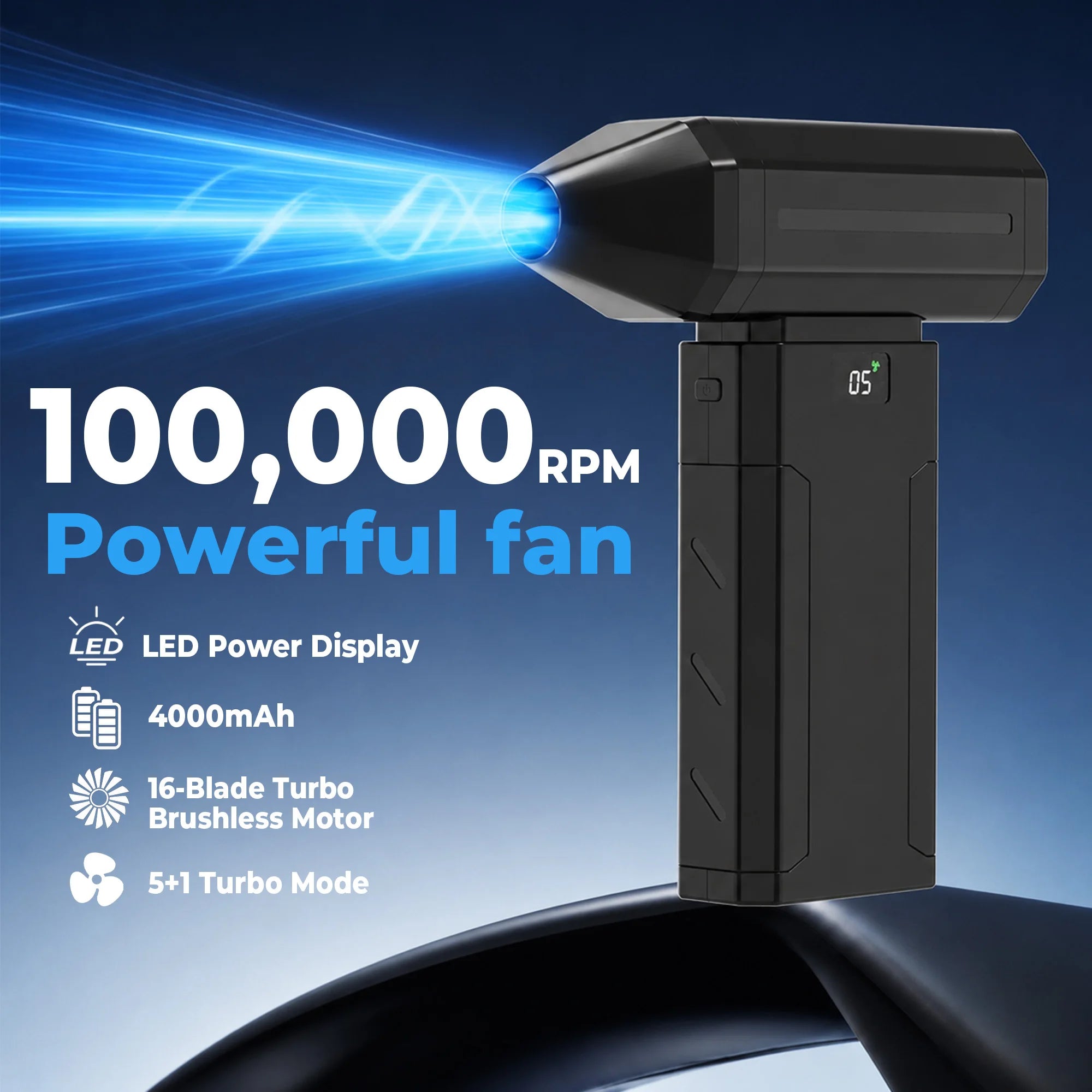 Compressed Air Duster, Mini Turbine Fan, Violent Fan, Jet Dry Blower, Turbo Fan, Air Blower, 100000RPM Cordless Turbo Fan, 5+1 Speeds with LED Display & Type-C Charging, Violent Fan for Keyboard Car Camping Snow Clearing.