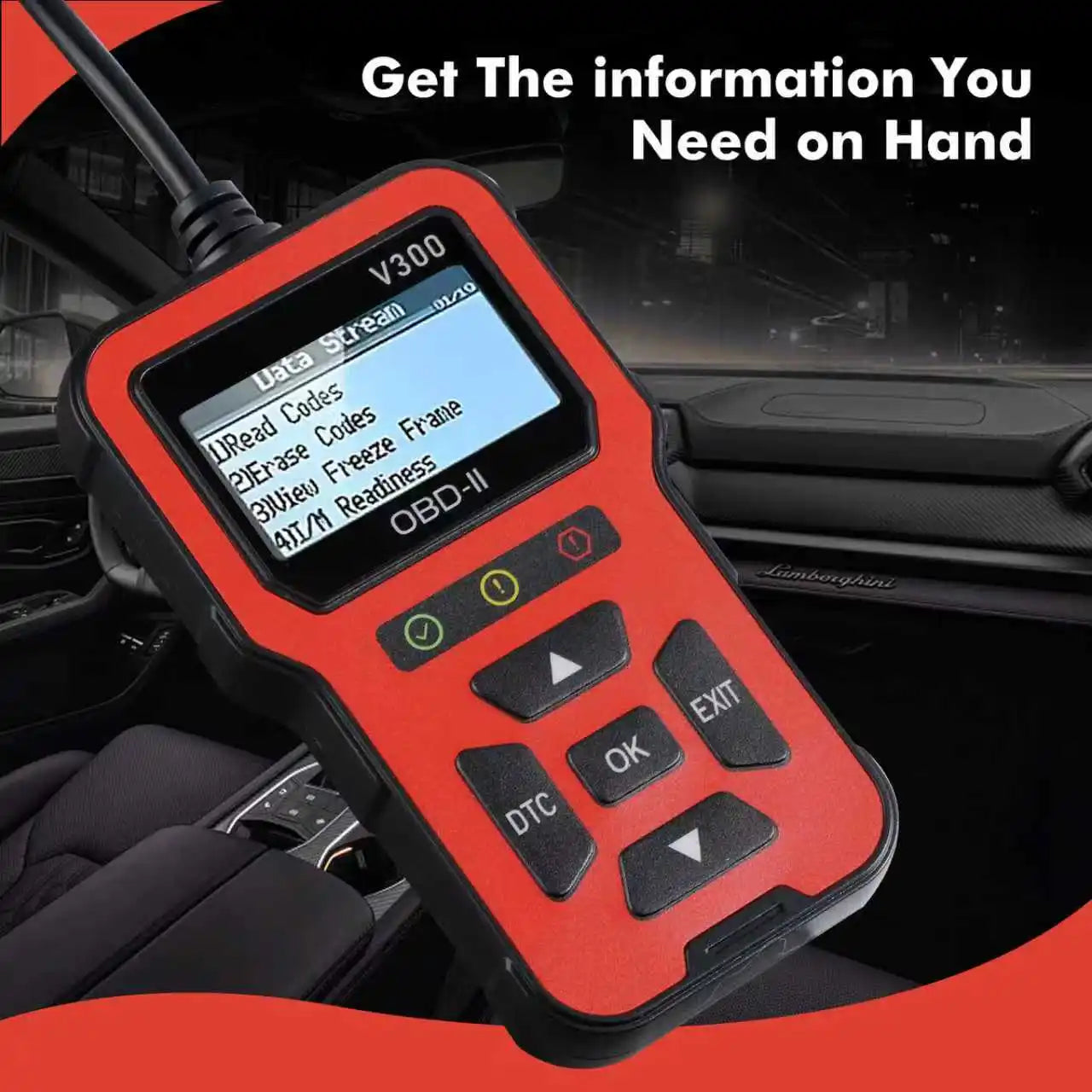 OBD V300, an automotive diagnostic tool with a color screen, fault code reader, engine warning light detector, and OBD2 scanner