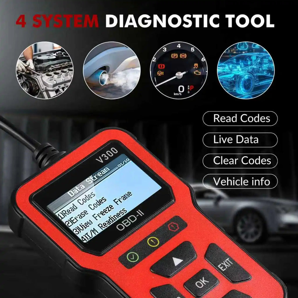 OBD V300, an automotive diagnostic tool with a color screen, fault code reader, engine warning light detector, and OBD2 scanner