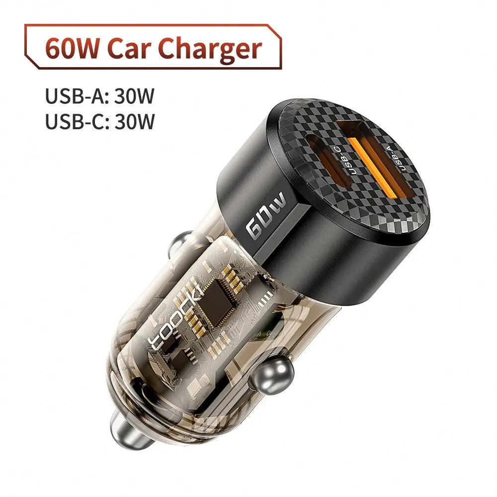 Toocki 60W Car Charger 30W Quick Charge Transparent Case PD 27W for iPhone 15 14 13 12 Xiaomi Poco Samsung Fast Charger Charging